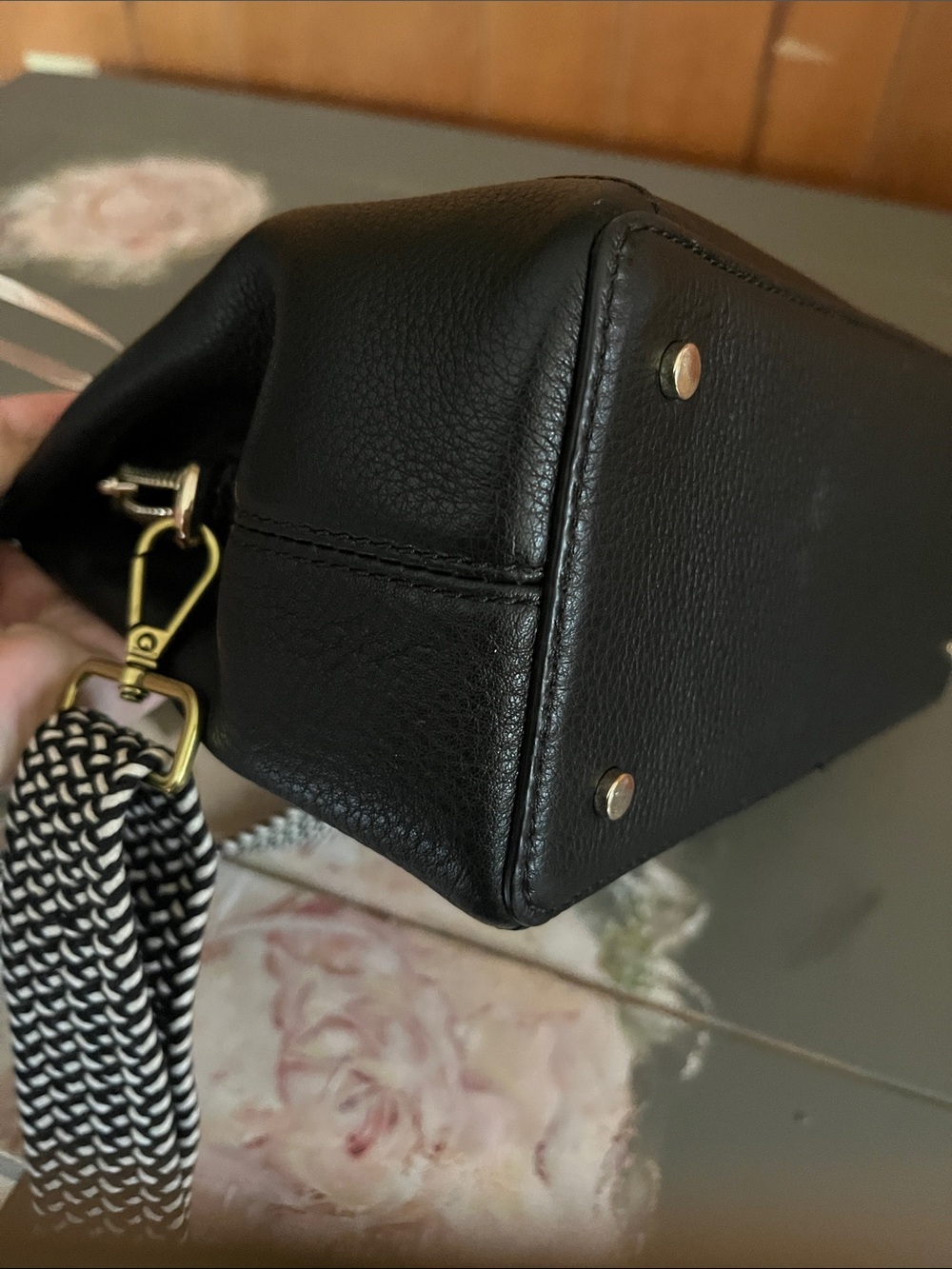 kate spade Black Pebbled Leather Shoulder Bag with Black-and-White Woven Strap - Picture 15 of 16